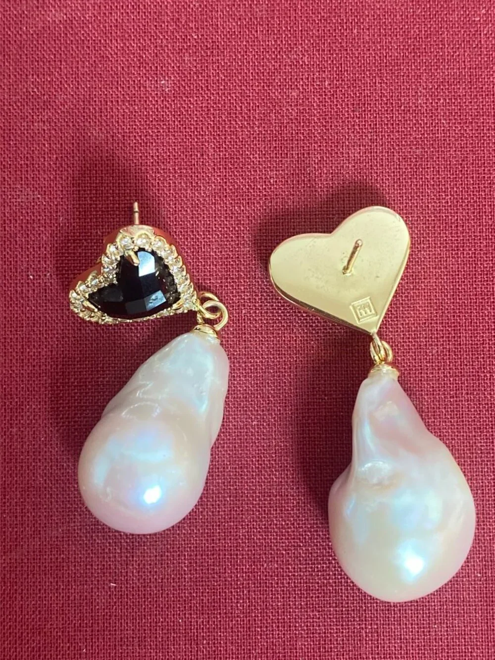 Vintage-Inspired Pearl Drop Earrings W/ Onyx Heart Gemstone from F+H Studios